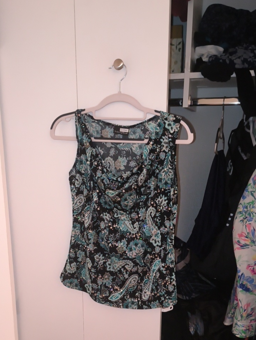 Brittany Black Vintage Sequin Paisley Print Tank Top - Black & Teal